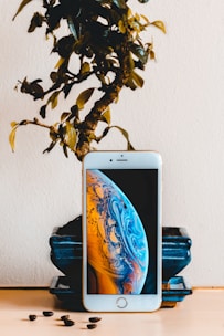 A smartphone is placed in front of a small potted plant with a twisting trunk and green leaves. The phone displays a bright, colorful image resembling a planet with swirling blue and orange patterns. Several small seeds or pebbles are scattered on the wooden surface below.