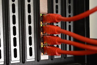 Network cables plugged into a glowing telecom switch panel