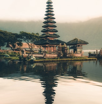 temple beside body of water and trees