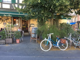 A quaint outdoor caf&eacute; with a green awning is partially obscured by a lush tree. Several bicycles are parked near the caf&eacute;, with one prominently featuring a brown leather saddlebag. Patrons are seated at tables outside, surrounded by potted plants, enjoying the relaxed atmosphere. The caf&eacute;'s entrance is inviting, with a chalkboard menu displayed beside it.
