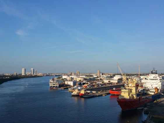 A calm harbor scene with cargo ships docked under a clear sky, symbolizing smooth shipping processes.