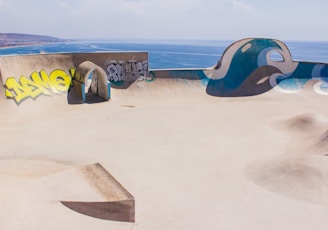 A skate park with smooth concrete surfaces features various ramps and an arched passageway. Graffiti decorates one of the walls, with yellow and grey tags. The park overlooks a scenic ocean view, with clear blue water stretching to the horizon under a cloudy sky.