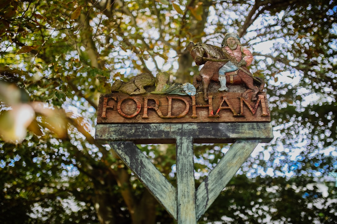 Fordham wooden signage under green tree