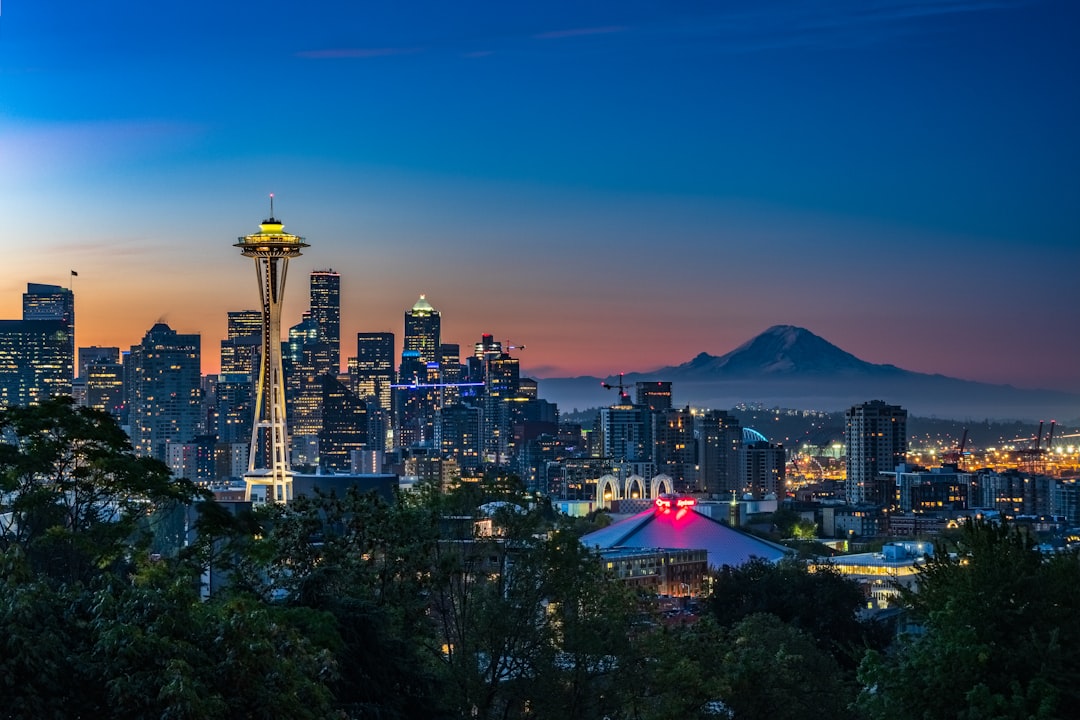 the most commonly seen composition of seattle because it incorporates all of our most famous local landmarks in one frame: the space needle, mt. rainier, key arena, pacific science center, and columbia tower. shot during the morning twilight during the autumnal equinox. i originally planned to shoot from west seattle but a sudden change in the forecast caused me  to change plans. in my opinion, this is the best hour to shoot from kerry park due to the position of the rising sun, versus in the evening.