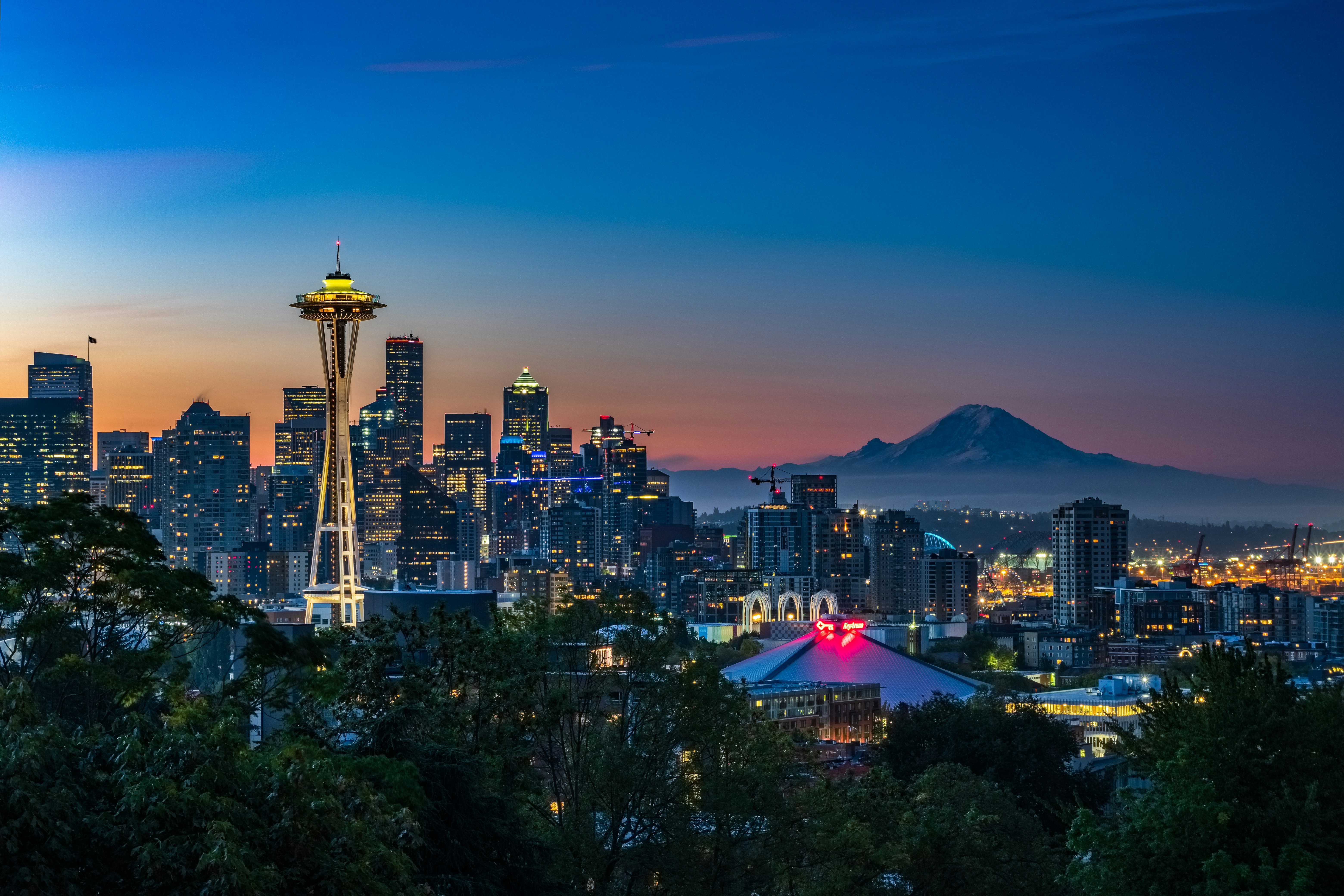 the most commonly seen composition of seattle because it incorporates all of our most famous local landmarks in one frame: the space needle, mt. rainier, key arena, pacific science center, and columbia tower. shot during the morning twilight during the autumnal equinox. i originally planned to shoot from west seattle but a sudden change in the forecast caused me to change plans. in my opinion, this is the best hour to shoot from kerry park due to the position of the rising sun, versus in the evening.