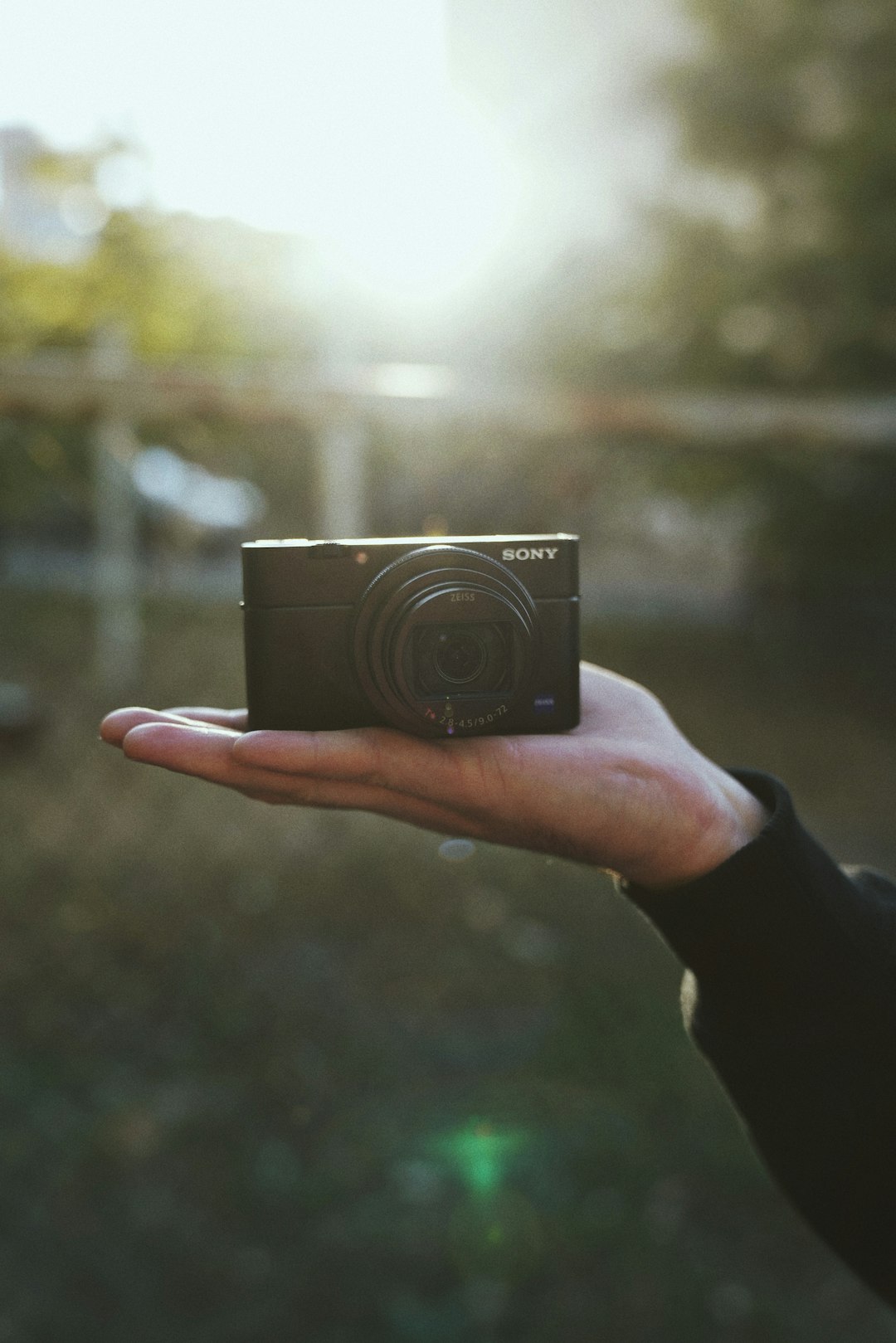 person holding black Sony compact camera