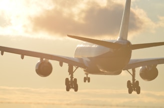 A large commercial airplane is in the process of landing or taking off, with its landing gear extended. The aircraft is backlit by a warm, golden sunset sky, creating a dramatic silhouette effect. Clouds are visible in the background, adding texture to the scene.