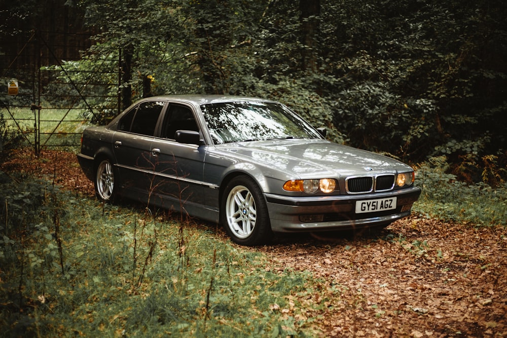 gray Mercedes-Benz sedan beside trees