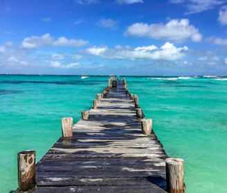 The rustic wooden pier at the Lobos Island dock, framed by clear blue skies and calm sea.