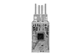 A grayscale printed circuit board with visible pathways and multiple electronic components, featuring connectors at the top. The intricate design suggests advanced technology and engineering.