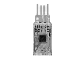 A grayscale printed circuit board with visible pathways and multiple electronic components, featuring connectors at the top. The intricate design suggests advanced technology and engineering.