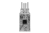 A grayscale printed circuit board with visible pathways and multiple electronic components, featuring connectors at the top. The intricate design suggests advanced technology and engineering.