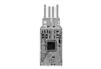A grayscale printed circuit board with visible pathways and multiple electronic components, featuring connectors at the top. The intricate design suggests advanced technology and engineering.