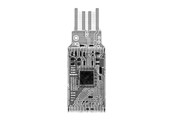 A grayscale printed circuit board with visible pathways and multiple electronic components, featuring connectors at the top. The intricate design suggests advanced technology and engineering.
