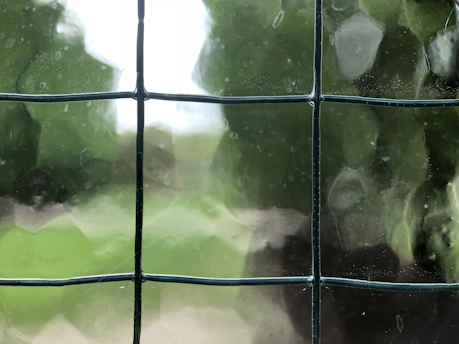Close-up of a window with clear glass showing detailed interior and exterior spaces.