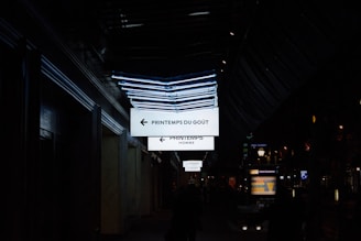 An urban night scene featuring illuminated signs pointing to 'Printemps du Goût' and 'Printemps Homme'. The area is dark, with the lights from the signs and nearby streetlights creating a contrast. Pedestrians are visible as silhouettes, adding to the atmosphere of a bustling city.