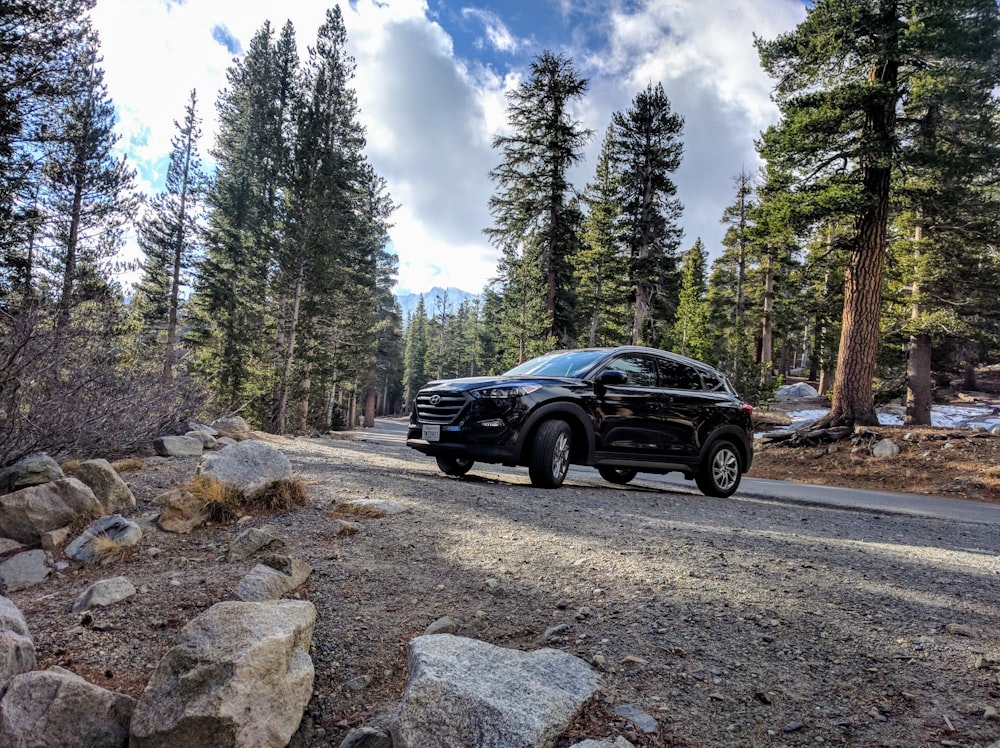 black Hyundai Santa Fe parked on road with trees nearby