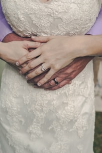 Close-up of a wedding couple holding hands with rings