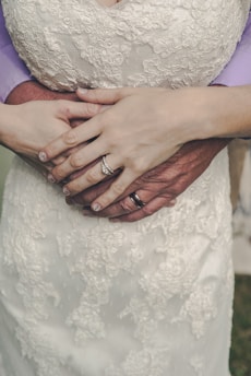 Close-up of a couple's hands clasped together, with an emphasis on wedding rings. Both are wearing elegant attire, featuring a lace wedding dress and a suit with a light-toned shirt.