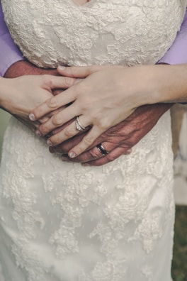 Close-up of intertwined hands with wedding rings shining