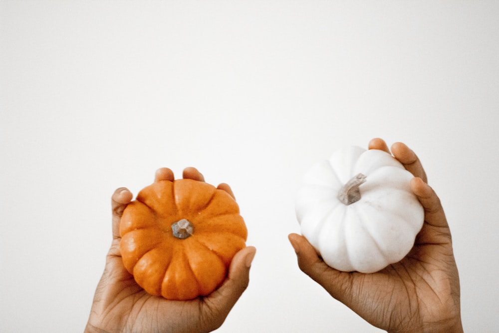 two orange and white pumpkins