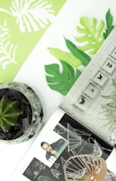 A photo featuring green paper cutouts shaped like leaves, a plant in a pot, and a black-and-white magazine open to pages with architectural sketches and a photo of an individual. There is also a display of framed insects mounted on a white brick background, and some small potted plants are visible.
