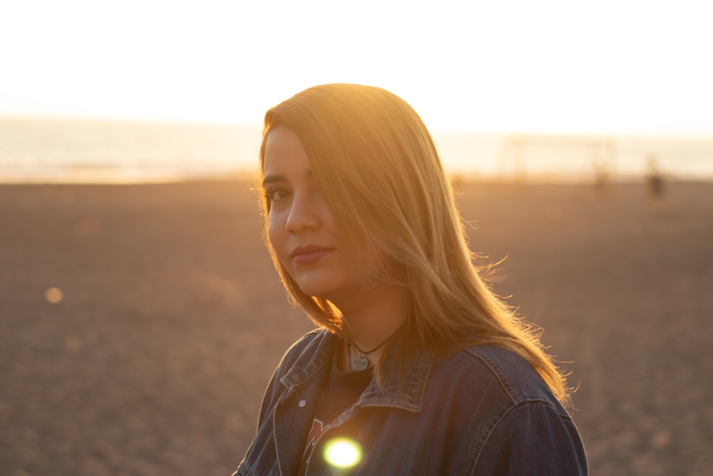 woman in blue denim collared top