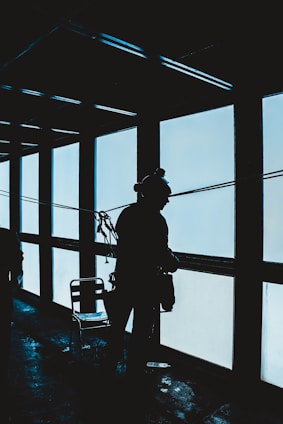 A silhouette of a person wearing a harness is seen standing near a large floor-to-ceiling window. The figure appears to be engaged in an activity related to window cleaning or maintenance, with equipment attached to their body. The overall setting is dimly lit with shadows cast on the floor.