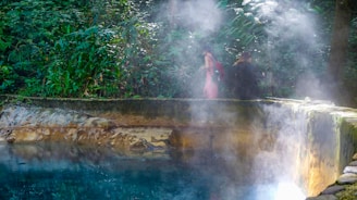 A misty natural hot spring surrounded by dense green foliage. Two people are standing near the edge, partially obscured by the steam. The stone border of the spring is visible, with water reflecting shades of blue and green.