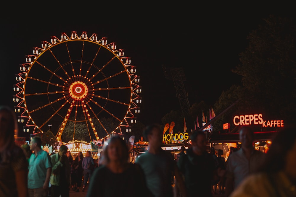 crown near ferries wheel during night time