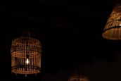 Dimly lit environment featuring several hanging lanterns made of wicker or bamboo. A soft glow radiates from the bulbs enclosed within these ornate, cage-like structures, casting subtle shadows against a dark background.