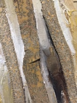 Close-up of a textured painting featuring earthy tones and dynamic patterns.