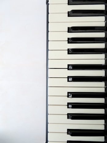 A close-up view of a piano keyboard with black and white keys aligned horizontally. The image is cropped, showing only a portion of the keyboard against a plain white background.