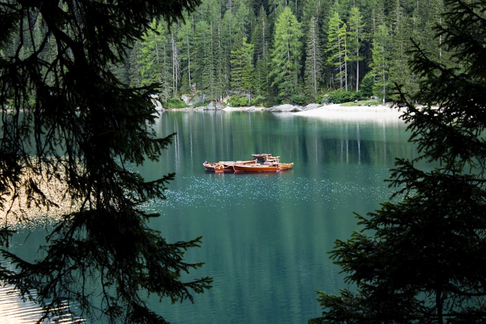 昼間は緑の葉の木々に囲まれた川に浮かぶ茶色のボート