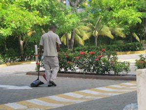A person wearing a light-colored uniform is sweeping the ground with a broom and dustpan in an outdoor area bordered by green bushes and red flowers. Tall trees with lush green foliage form the background, creating a serene and natural atmosphere.