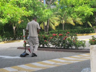 A person wearing a light-colored uniform is sweeping the ground with a broom and dustpan in an outdoor area bordered by green bushes and red flowers. Tall trees with lush green foliage form the background, creating a serene and natural atmosphere.