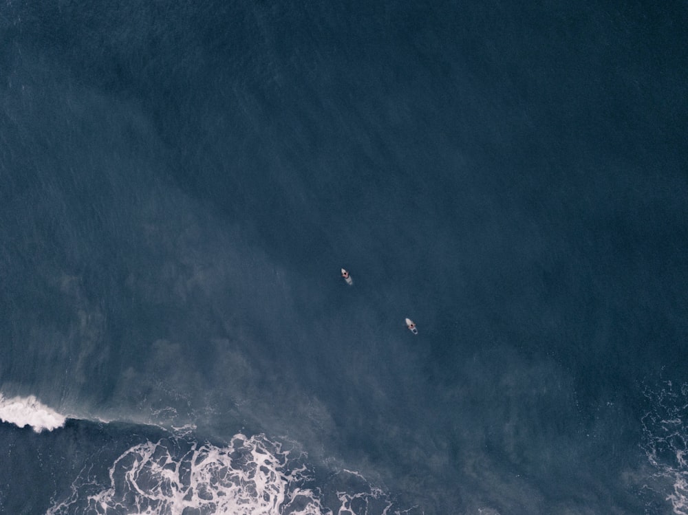 a couple of people riding on top of a wave in the ocean