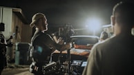 The crew setting up equipment for a night shoot in the city.