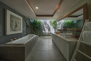 white ceramic bathtub beside gray wall