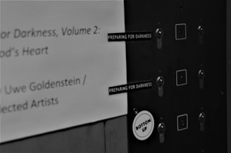 An abstract, black and white image featuring text on a paper and a control panel with several buttons. The text includes phrases like 'preparing for darkness' and 'bottom up', with references to an artist and selected works. The control panel has numbered buttons, adding an industrial or technical feel.