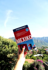 A person holding a travel guidebook titled 'MEXIKO' in front of a scenic view with lush vegetation and mountainous landscape in the background.