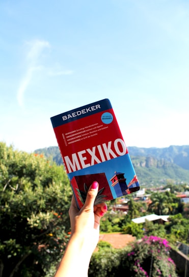 A person holding a travel guidebook titled 'MEXIKO' in front of a scenic view with lush vegetation and mountainous landscape in the background.