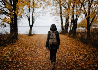 woman walking on pathway with falling leaves near body of water during daytime