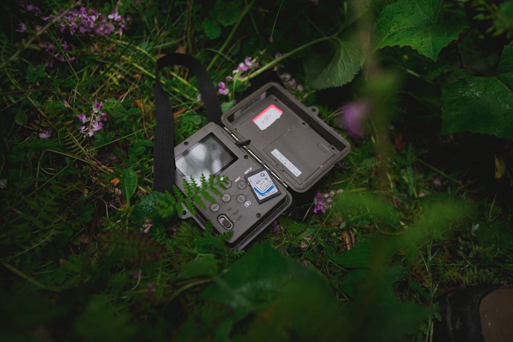 black device near plants