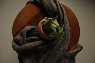 A cozy nook featuring a woven basket filled with blankets and a small succulent on a wooden stool.