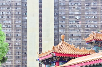 A traditional temple roof with ornate details is juxtaposed against a high-rise apartment building. The temple features intricate designs and vibrant colors, while the apartment building displays a repetitive and uniform pattern of windows and balconies.