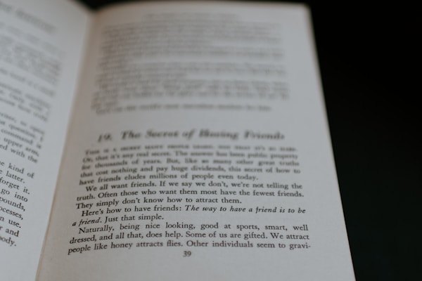 An open book displaying text on its pages. The text appears to discuss themes related to making friends, with phrases suggesting insights on the topic. The visible page is marked with a large chapter or section number and a title.