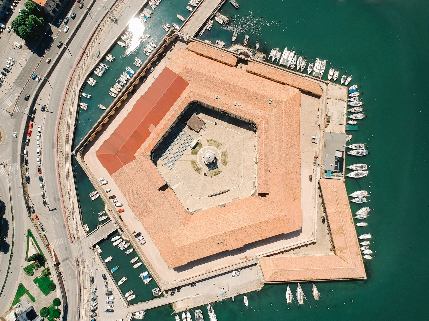 The pentagon-shaped Lazzaretto in Ancona harbour seen from directly above