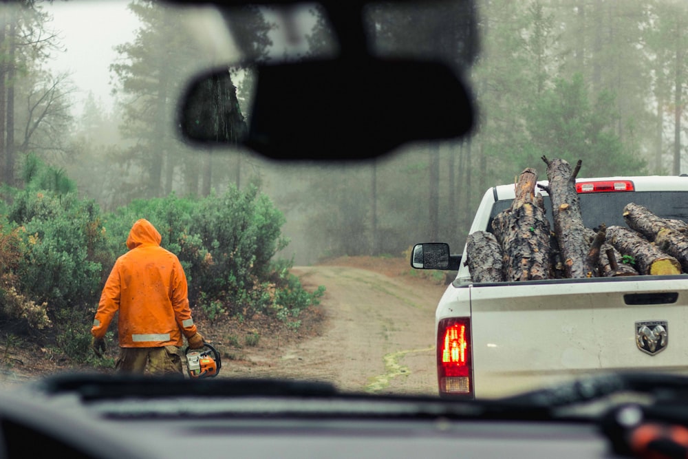 white Dodge truck with logs on forest