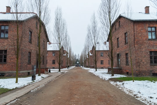 brown concrete buildings on snow during daytime in Camp Birkenau Historical Gate Poland